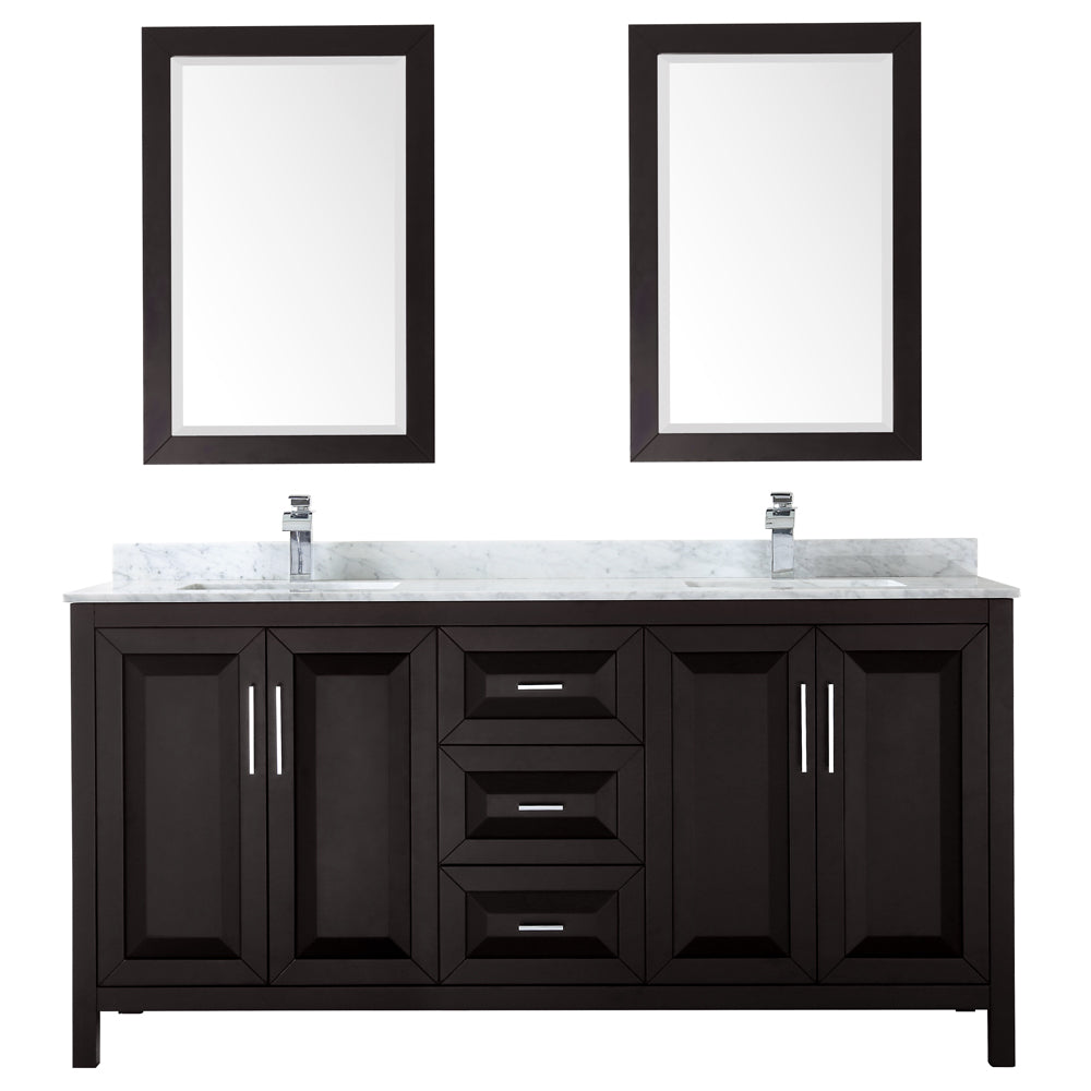 Daria 72 Inch Double Bathroom Vanity in Dark Espresso White Carrara Marble Countertop Undermount Square Sinks and 24 Inch Mirrors