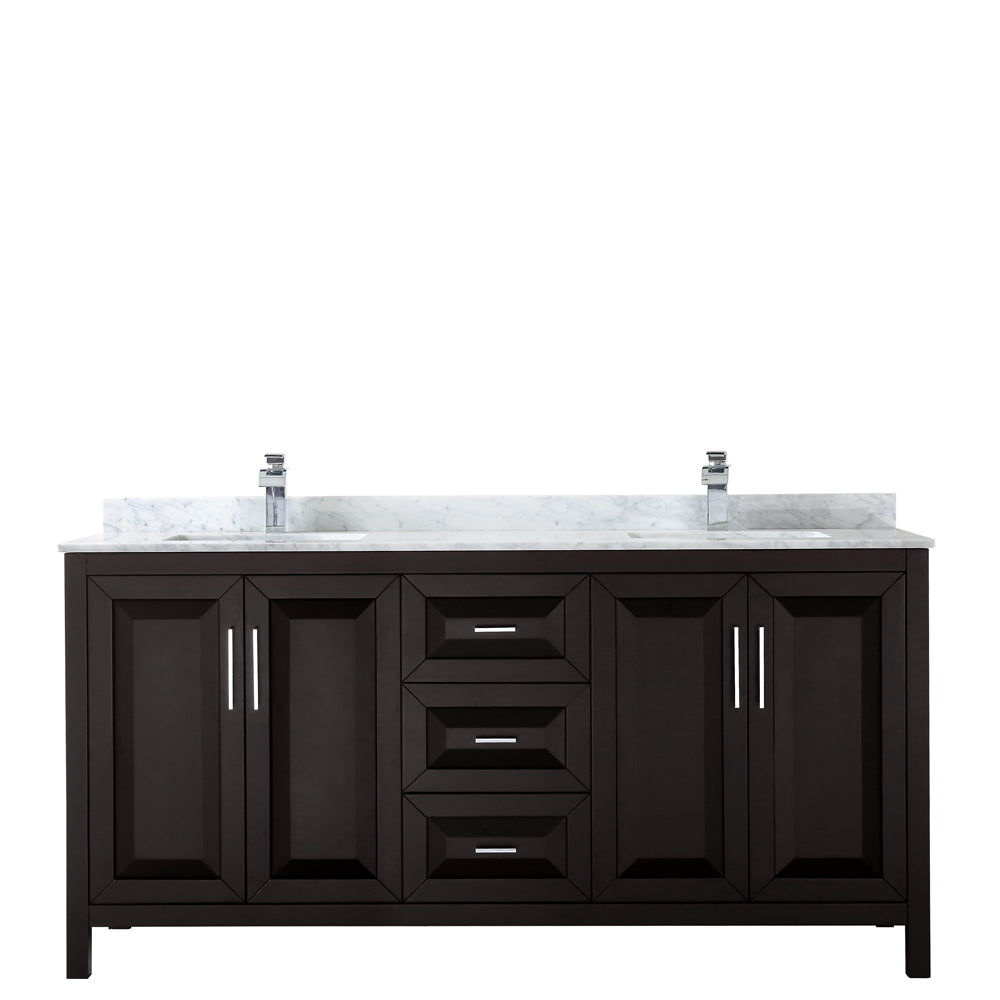Daria 72 Inch Double Bathroom Vanity in Dark Espresso White Carrara Marble Countertop Undermount Square Sinks and No Mirror