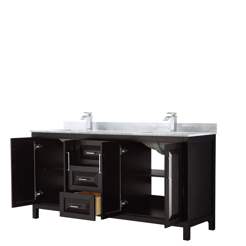 Daria 72 Inch Double Bathroom Vanity in Dark Espresso White Carrara Marble Countertop Undermount Square Sinks and No Mirror