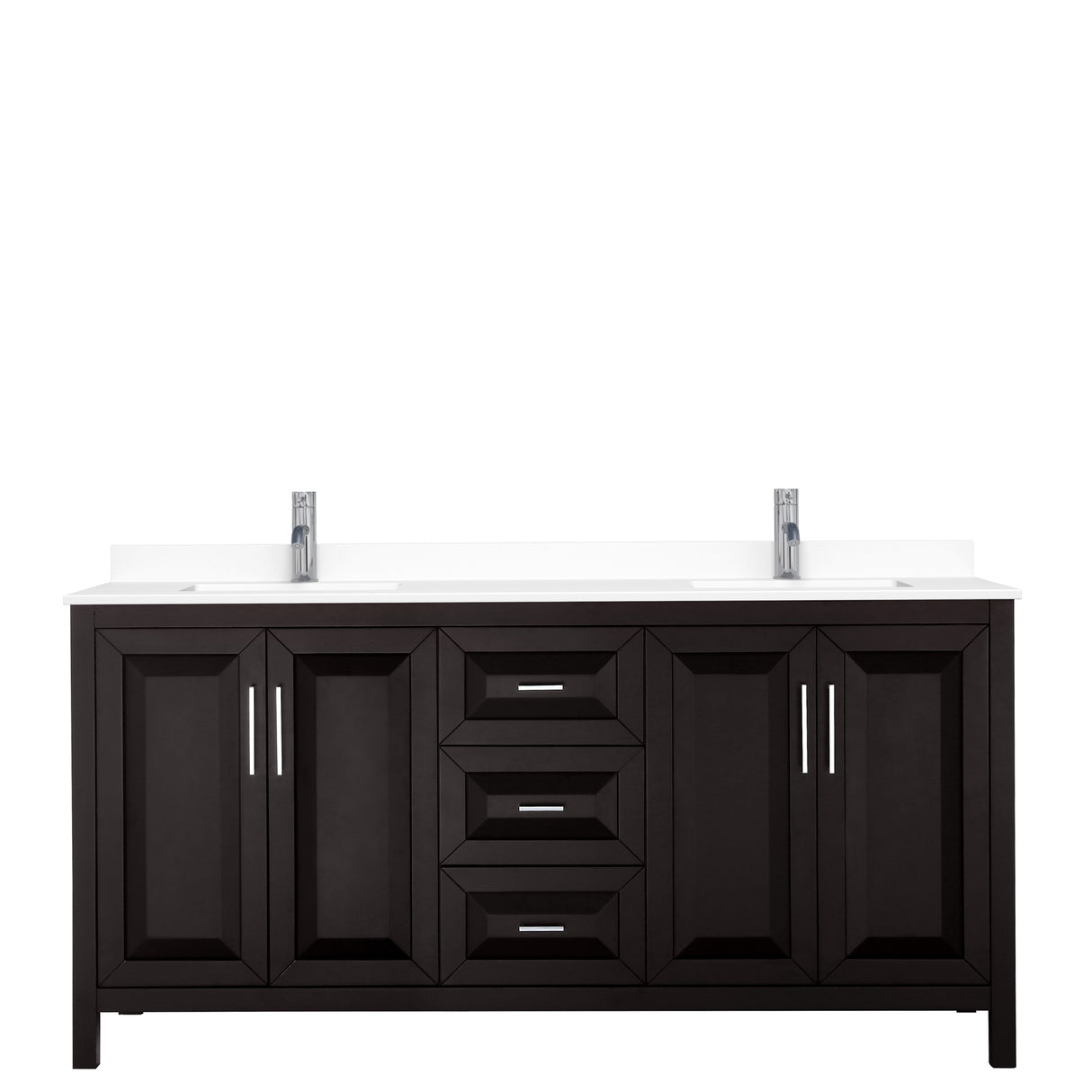 Daria 72 Inch Double Bathroom Vanity in Dark Espresso White Cultured Marble Countertop Undermount Square Sinks No Mirror