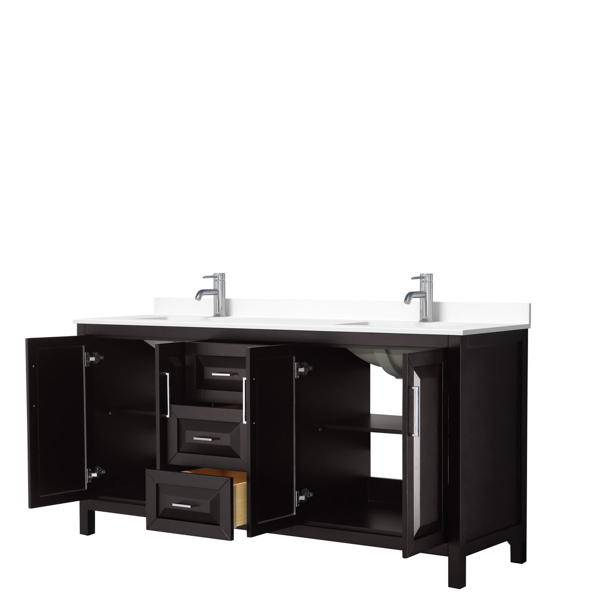 Daria 72 Inch Double Bathroom Vanity in Dark Espresso White Cultured Marble Countertop Undermount Square Sinks No Mirror