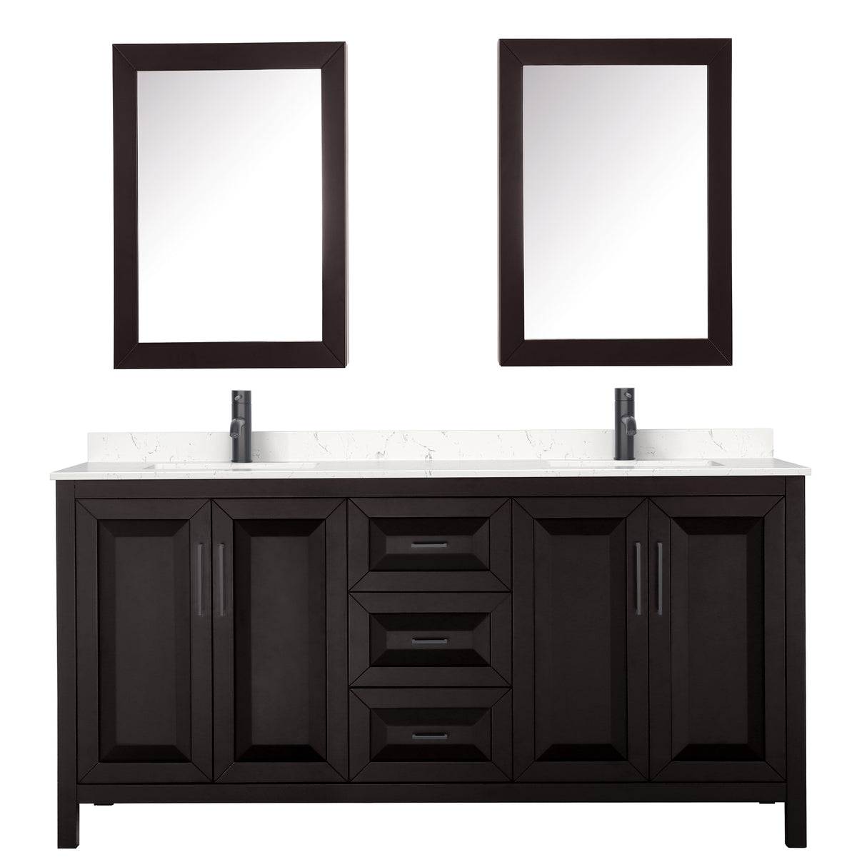 Daria 72 Inch Double Bathroom Vanity in Dark Espresso Carrara Cultured Marble Countertop Undermount Square Sinks Matte Black Trim Medicine Cabinets