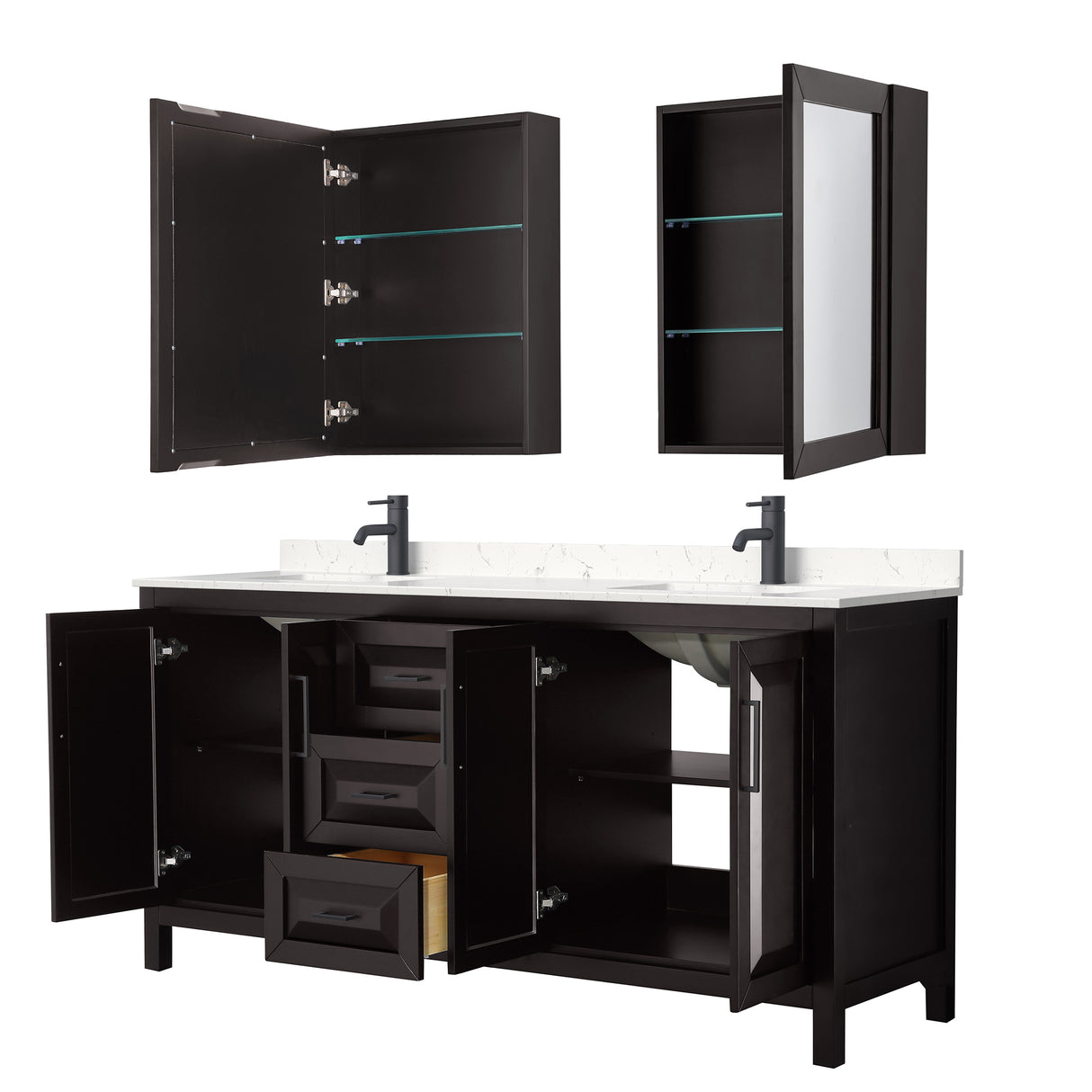 Daria 72 Inch Double Bathroom Vanity in Dark Espresso Carrara Cultured Marble Countertop Undermount Square Sinks Matte Black Trim Medicine Cabinets