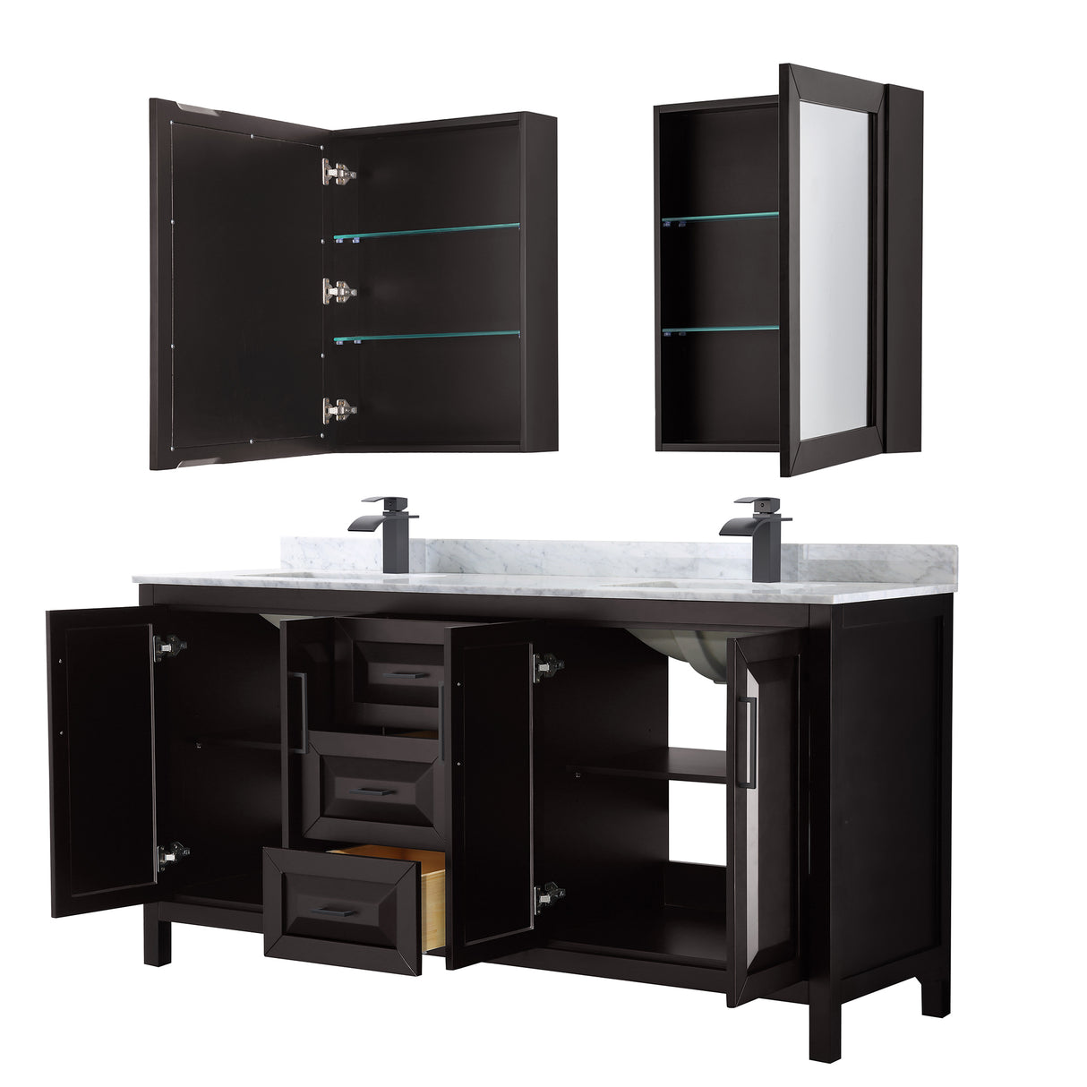 Daria 72 Inch Double Bathroom Vanity in Dark Espresso White Carrara Marble Countertop Undermount Square Sinks Matte Black Trim Medicine Cabinets