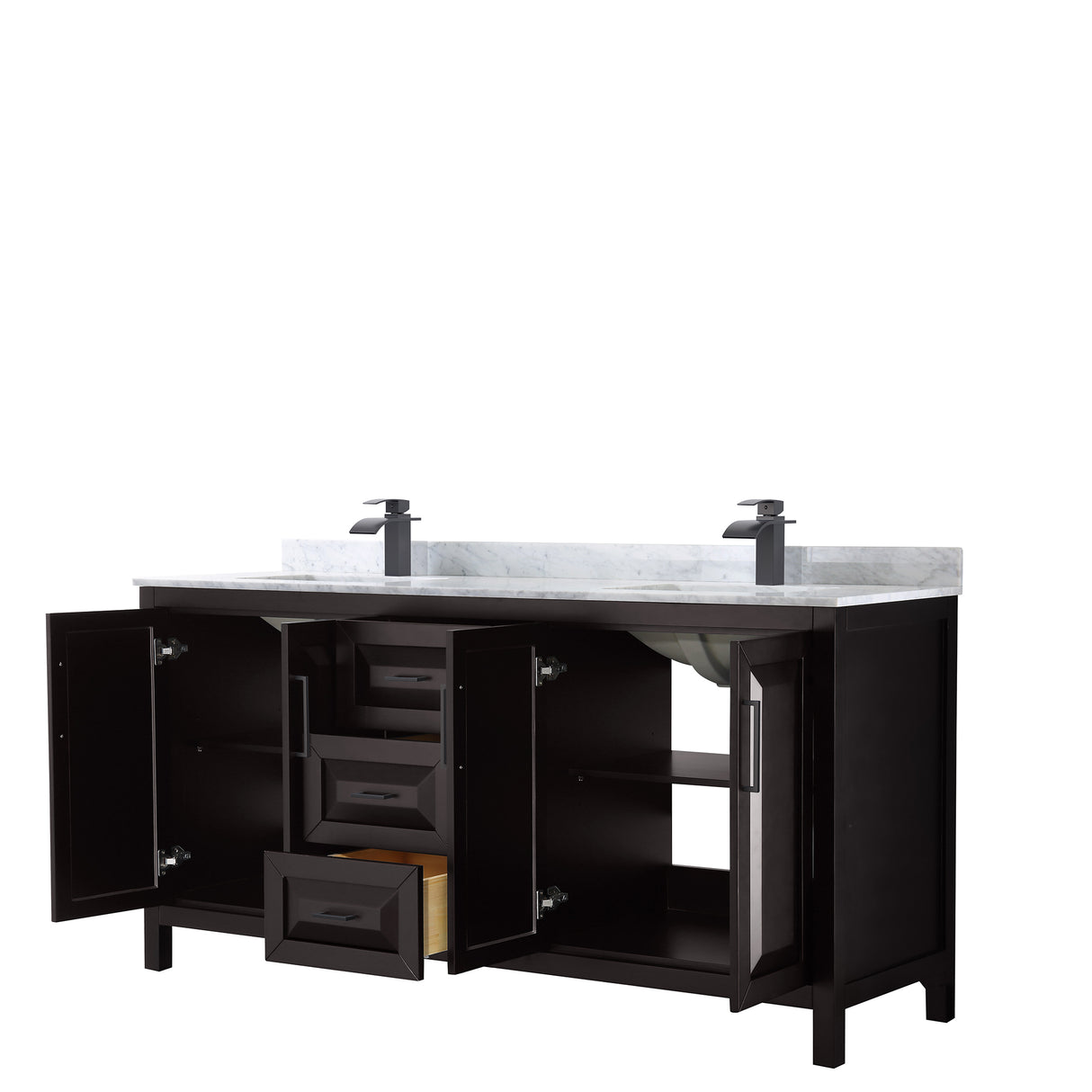 Daria 72 Inch Double Bathroom Vanity in Dark Espresso White Carrara Marble Countertop Undermount Square Sinks Matte Black Trim