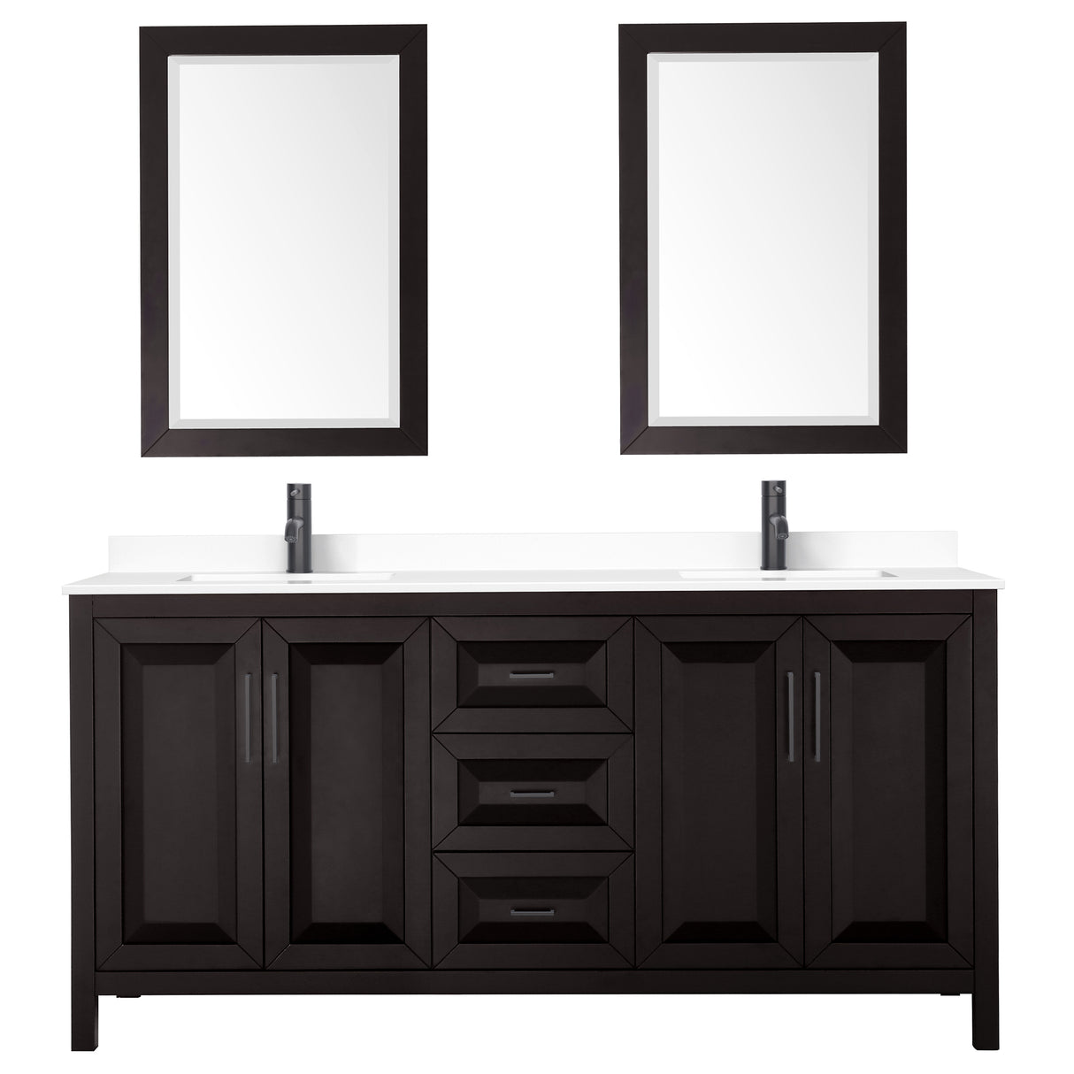 Daria 72 Inch Double Bathroom Vanity in Dark Espresso White Cultured Marble Countertop Undermount Square Sinks Matte Black Trim 24 Inch Mirrors