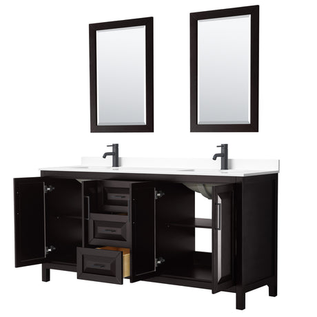 Daria 72 Inch Double Bathroom Vanity in Dark Espresso White Cultured Marble Countertop Undermount Square Sinks Matte Black Trim 24 Inch Mirrors