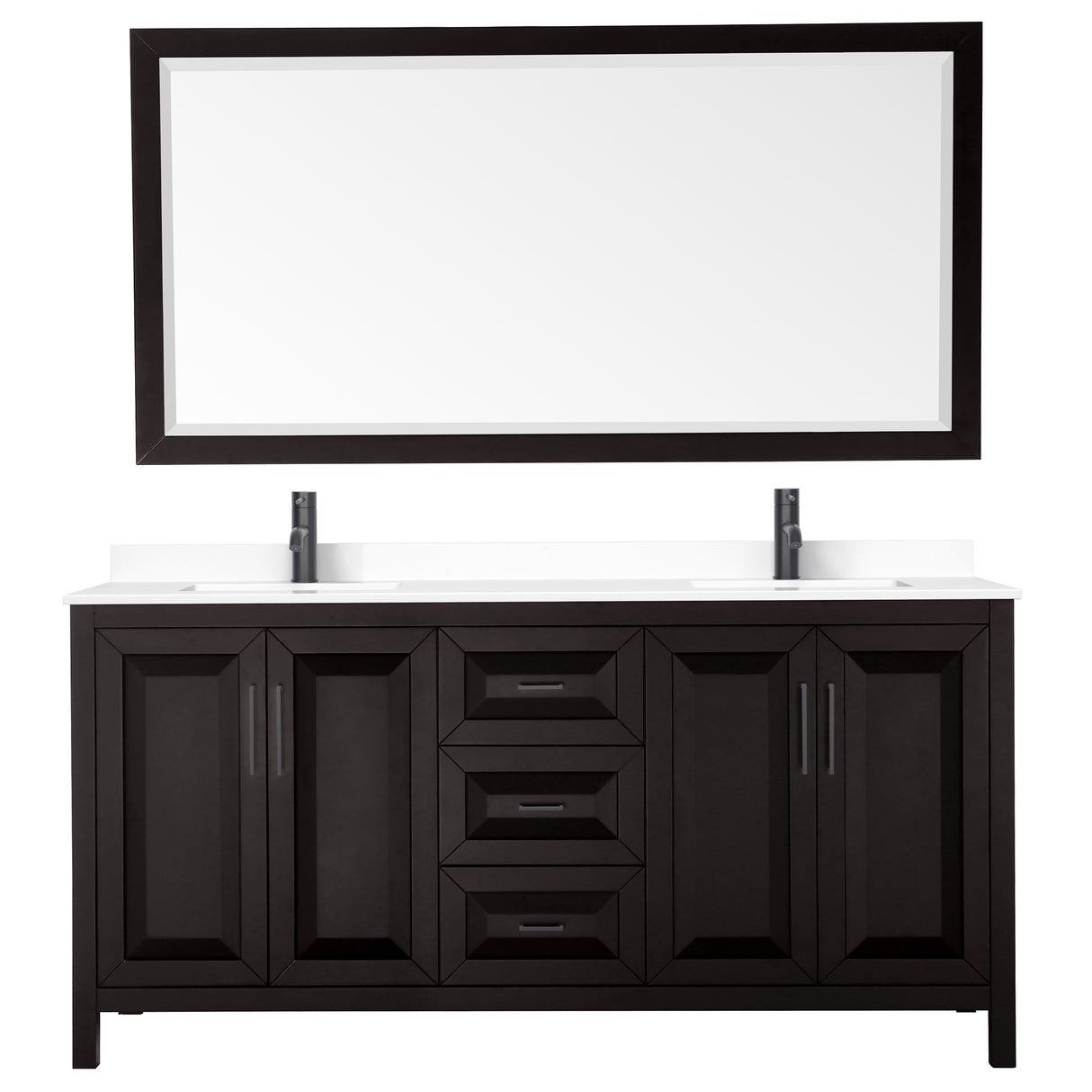 Daria 72 Inch Double Bathroom Vanity in Dark Espresso White Cultured Marble Countertop Undermount Square Sinks Matte Black Trim 70 Inch Mirror