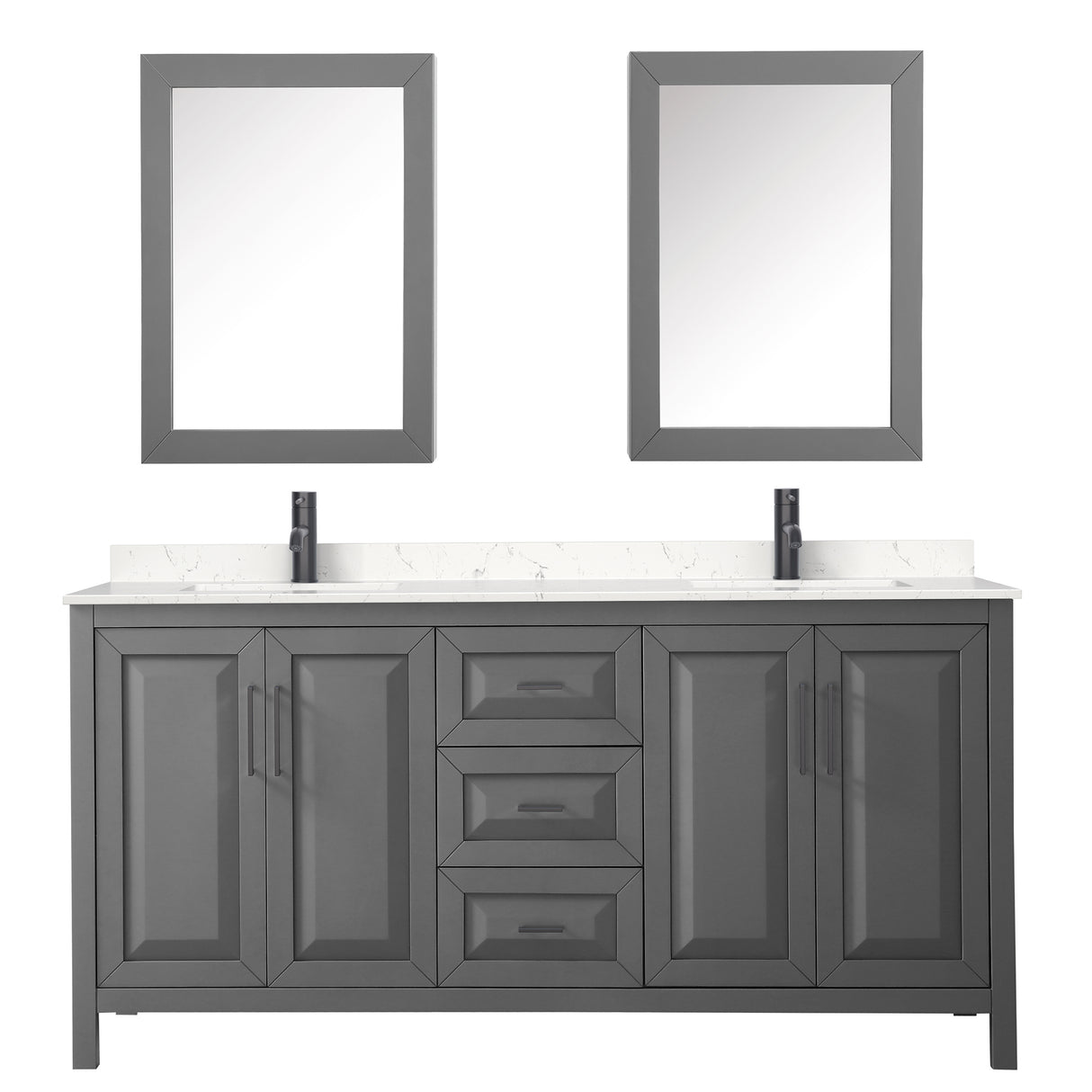 Daria 72 Inch Double Bathroom Vanity in Dark Gray Carrara Cultured Marble Countertop Undermount Square Sinks Matte Black Trim Medicine Cabinets