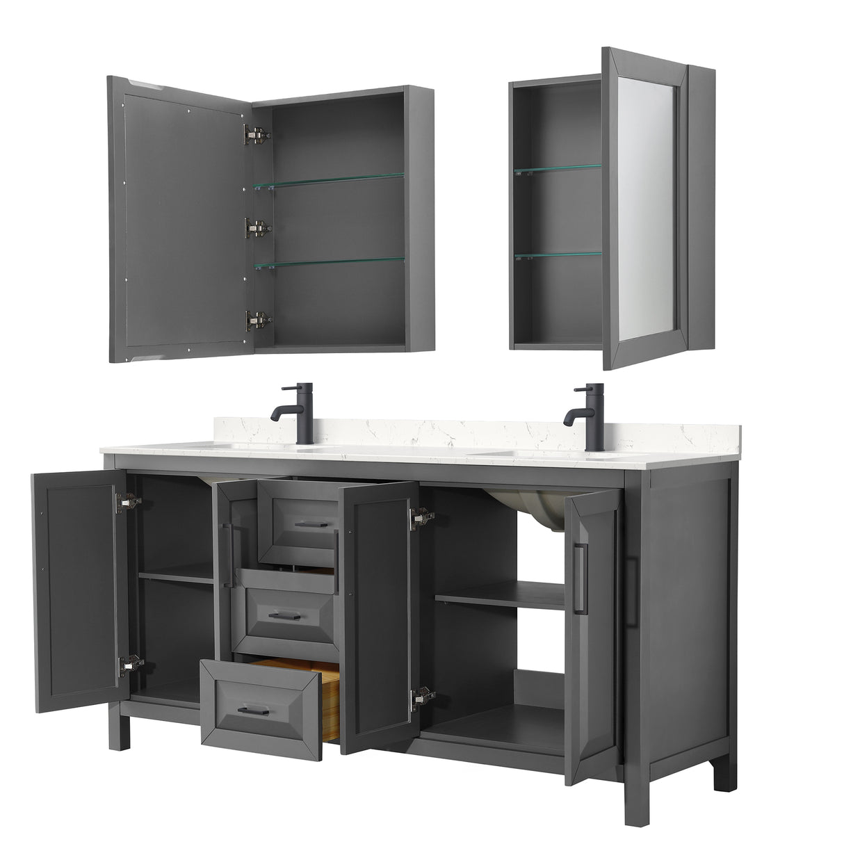 Daria 72 Inch Double Bathroom Vanity in Dark Gray Carrara Cultured Marble Countertop Undermount Square Sinks Matte Black Trim Medicine Cabinets