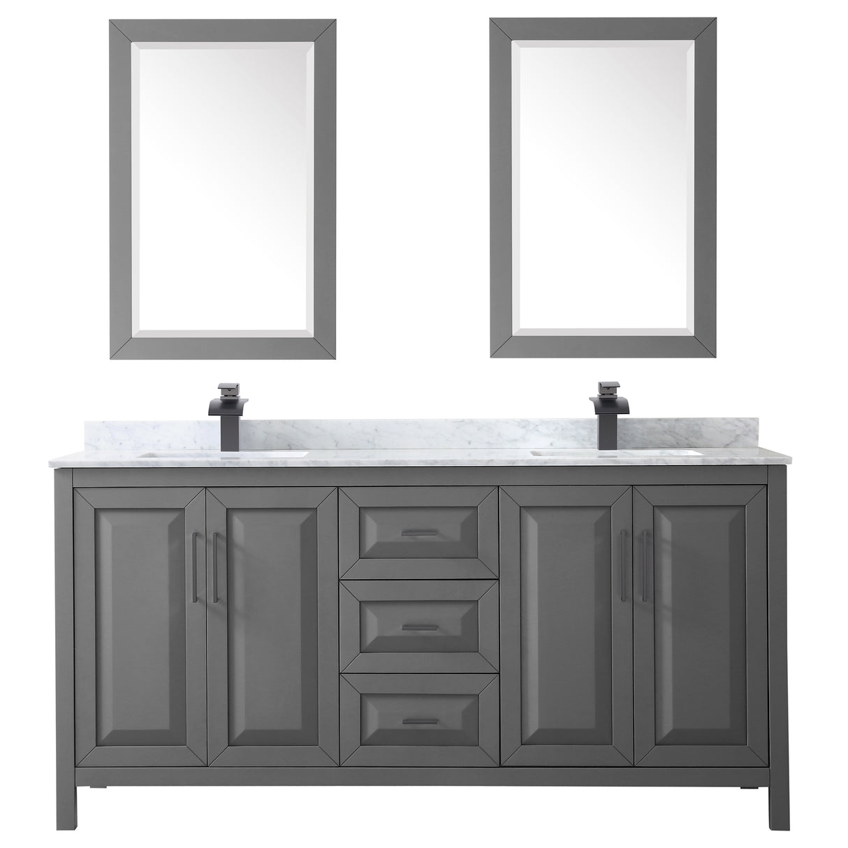 Daria 72 Inch Double Bathroom Vanity in Dark Gray White Carrara Marble Countertop Undermount Square Sinks Matte Black Trim 24 Inch Mirrors