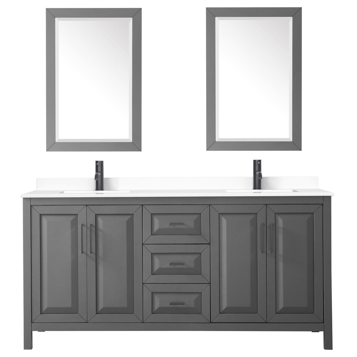 Daria 72 Inch Double Bathroom Vanity in Dark Gray White Cultured Marble Countertop Undermount Square Sinks Matte Black Trim 24 Inch Mirrors