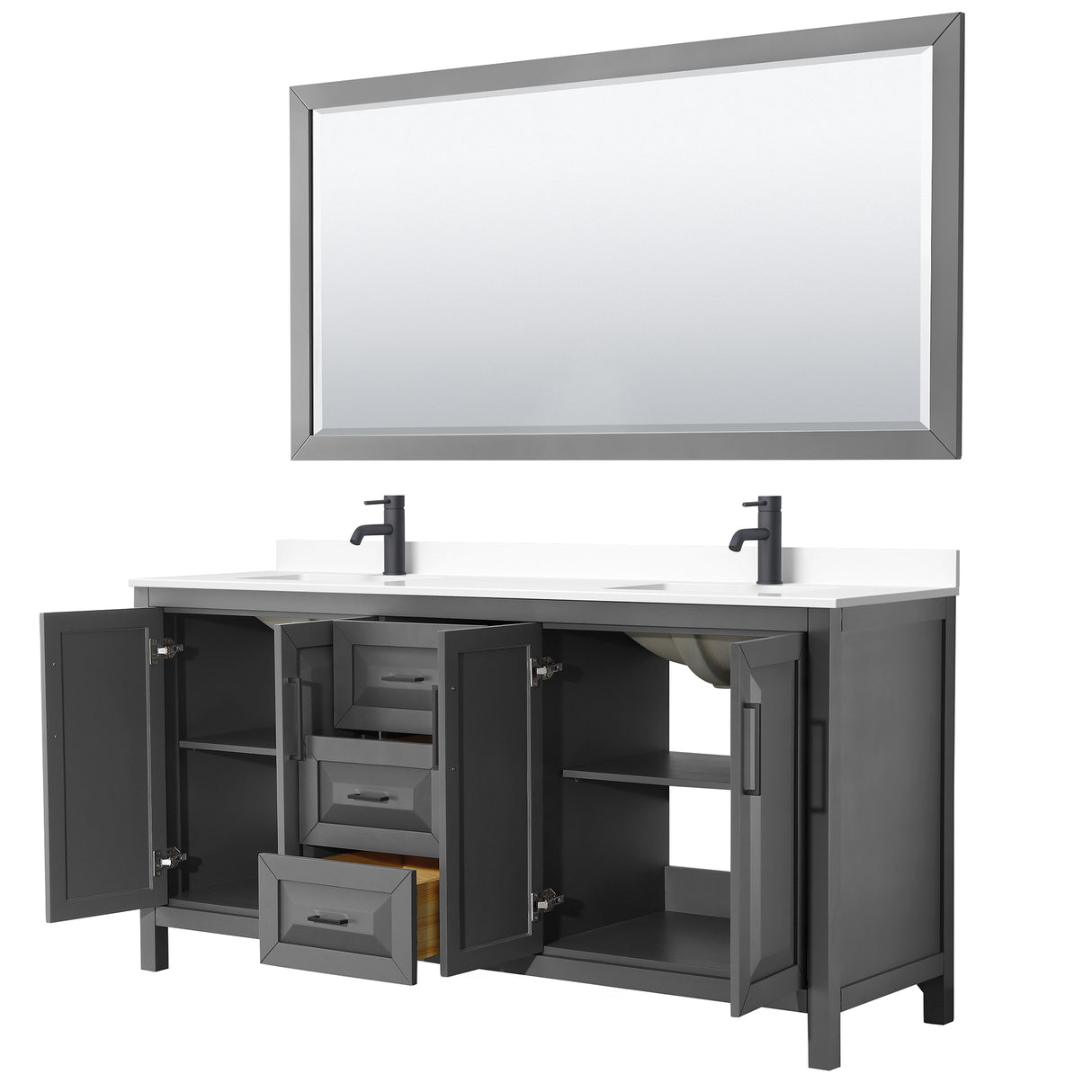 Daria 72 Inch Double Bathroom Vanity in Dark Gray White Cultured Marble Countertop Undermount Square Sinks Matte Black Trim 70 Inch Mirror