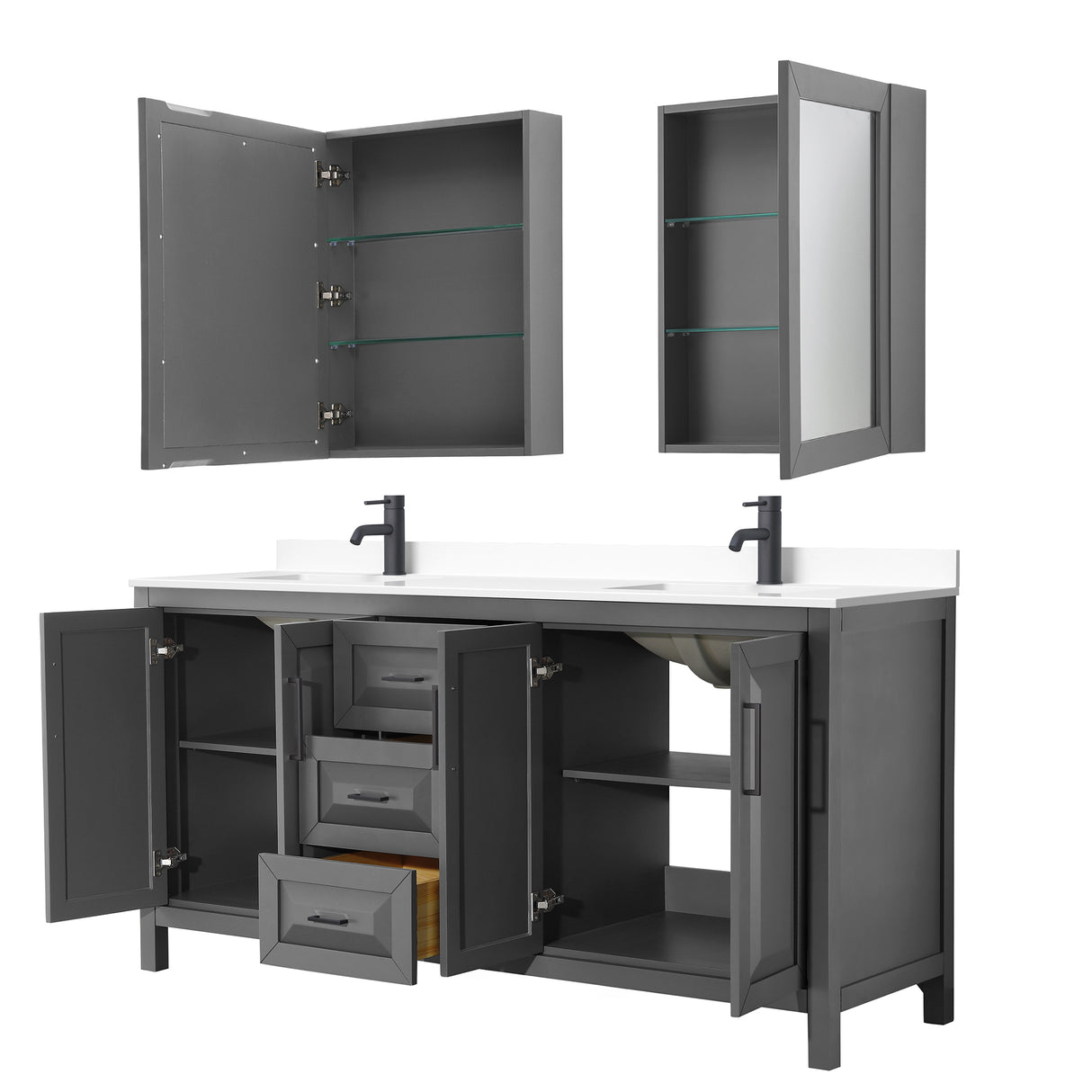 Daria 72 Inch Double Bathroom Vanity in Dark Gray White Cultured Marble Countertop Undermount Square Sinks Matte Black Trim Medicine Cabinets