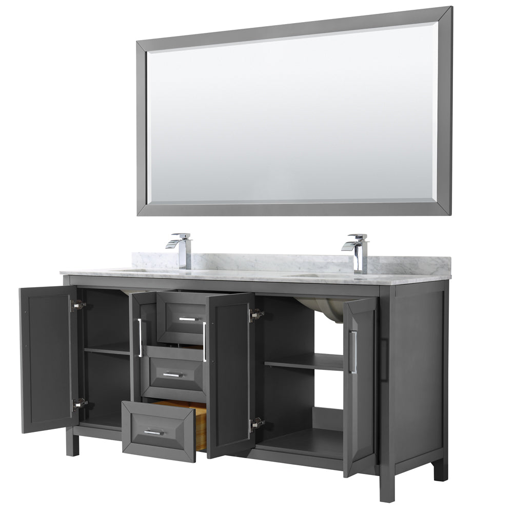 Daria 72 Inch Double Bathroom Vanity in Dark Gray White Carrara Marble Countertop Undermount Square Sinks and 70 Inch Mirror