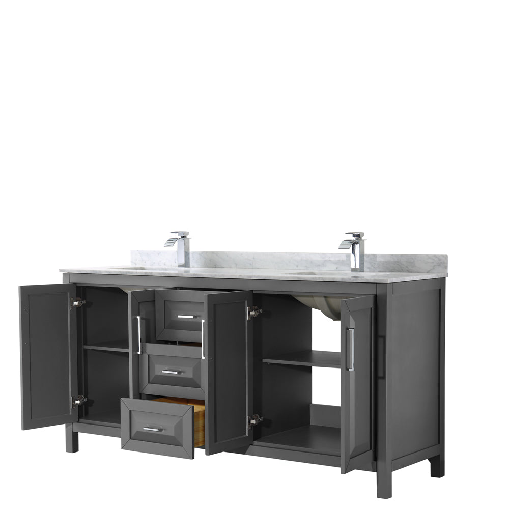 Daria 72 Inch Double Bathroom Vanity in Dark Gray White Carrara Marble Countertop Undermount Square Sinks and No Mirror