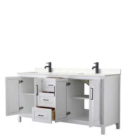 Daria 72 Inch Double Bathroom Vanity in White Carrara Cultured Marble Countertop Undermount Square Sinks Matte Black Trim
