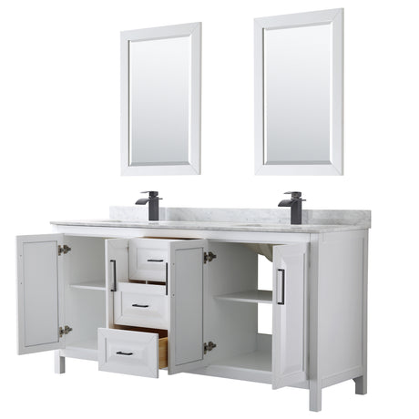 Daria 72 Inch Double Bathroom Vanity in White White Carrara Marble Countertop Undermount Square Sinks Matte Black Trim 24 Inch Mirrors