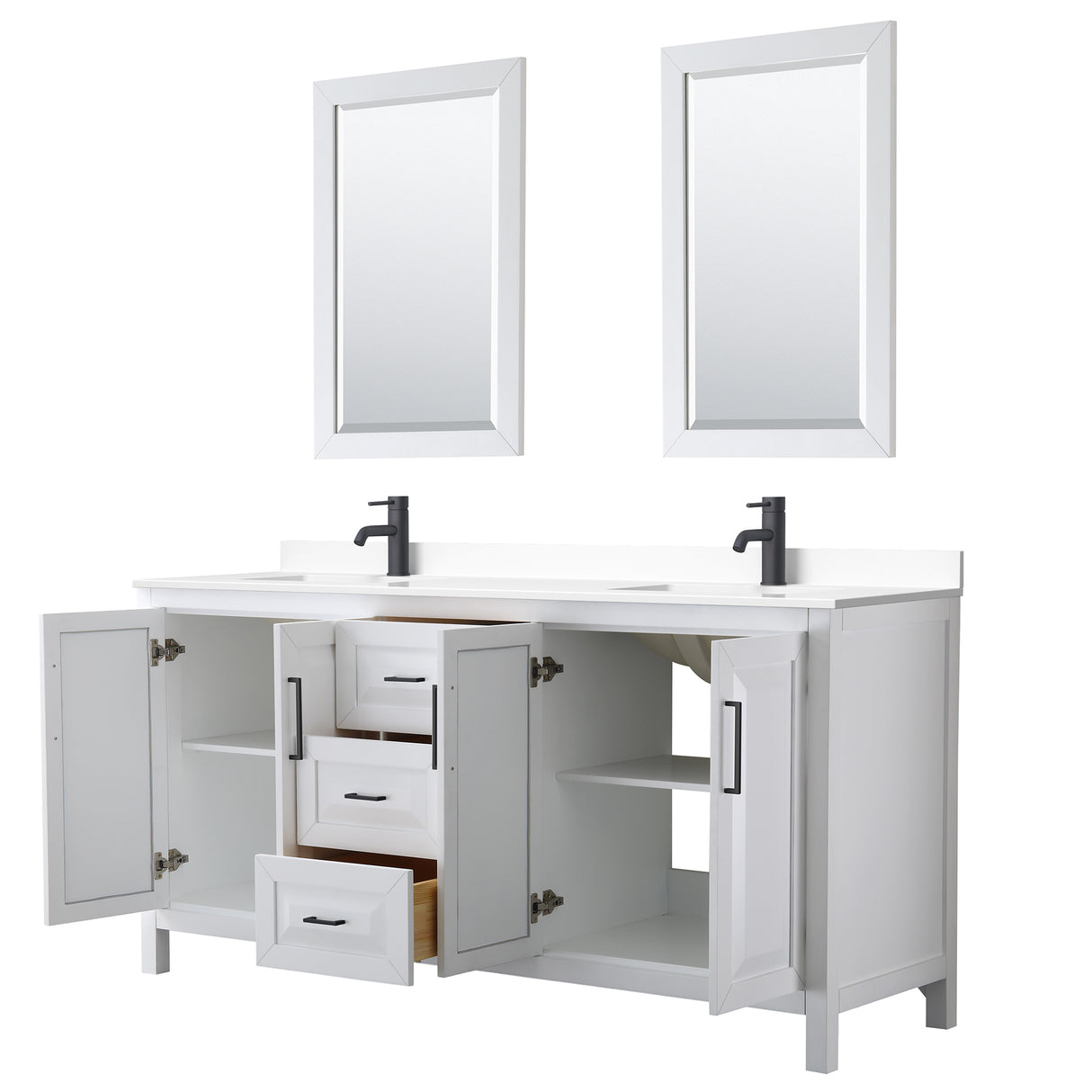 Daria 72 Inch Double Bathroom Vanity in White White Cultured Marble Countertop Undermount Square Sinks Matte Black Trim 24 Inch Mirrors