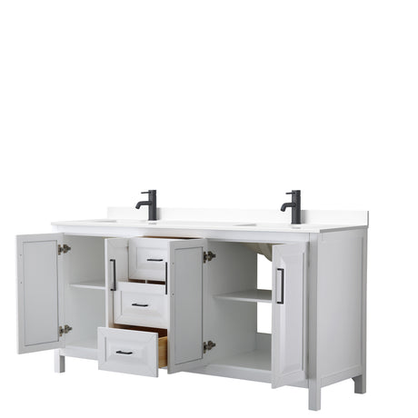 Daria 72 Inch Double Bathroom Vanity in White White Cultured Marble Countertop Undermount Square Sinks Matte Black Trim