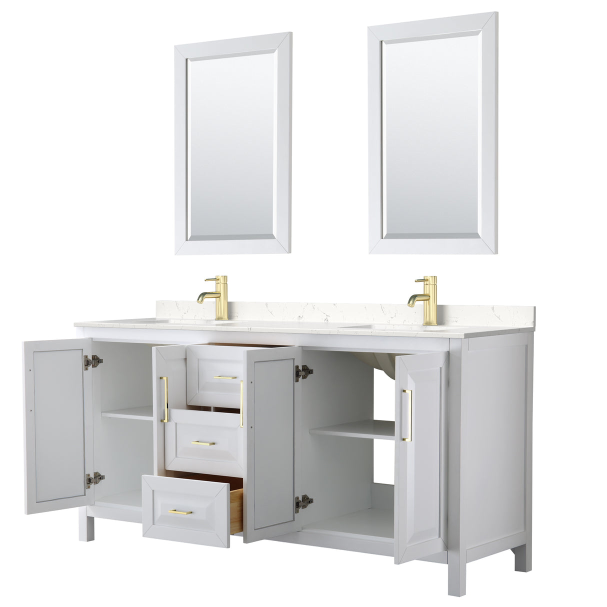 Daria 72 Inch Double Bathroom Vanity in White Carrara Cultured Marble Countertop Undermount Square Sinks 24 Inch Mirrors Brushed Gold Trim