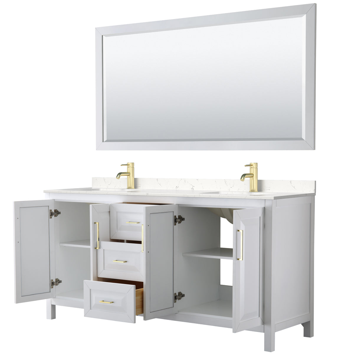 Daria 72 Inch Double Bathroom Vanity in White Carrara Cultured Marble Countertop Undermount Square Sinks 70 Inch Mirror Brushed Gold Trim