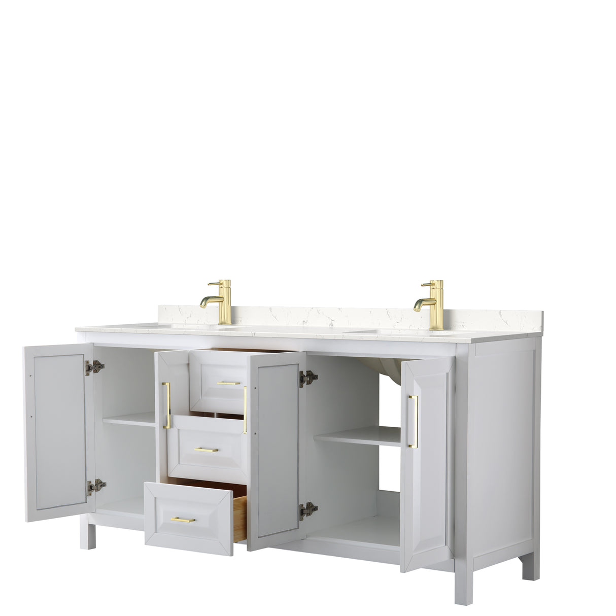 Daria 72 Inch Double Bathroom Vanity in White Carrara Cultured Marble Countertop Undermount Square Sinks Brushed Gold Trim