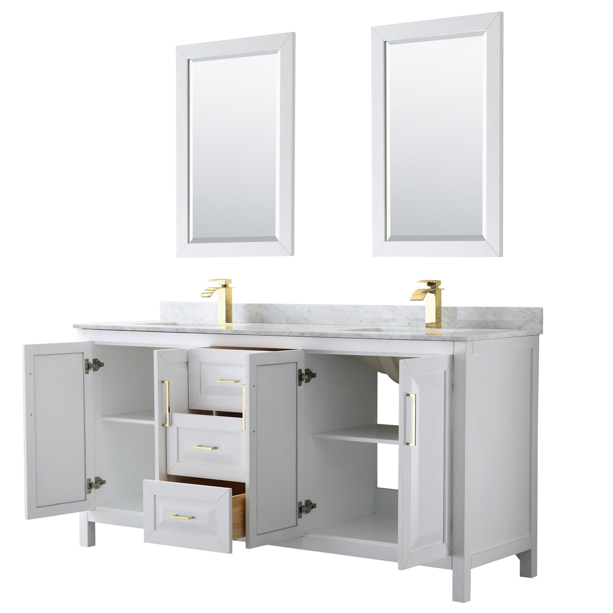 Daria 72 Inch Double Bathroom Vanity in White White Carrara Marble Countertop Undermount Square Sinks 24 Inch Mirrors Brushed Gold Trim