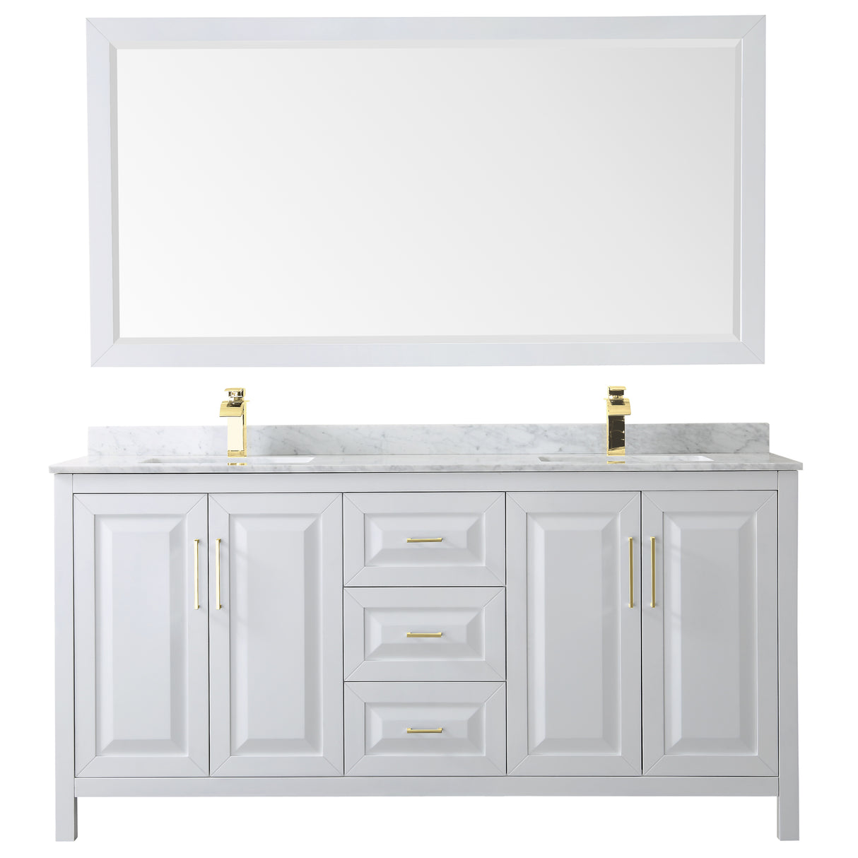 Daria 72 Inch Double Bathroom Vanity in White White Carrara Marble Countertop Undermount Square Sinks 70 Inch Mirror Brushed Gold Trim