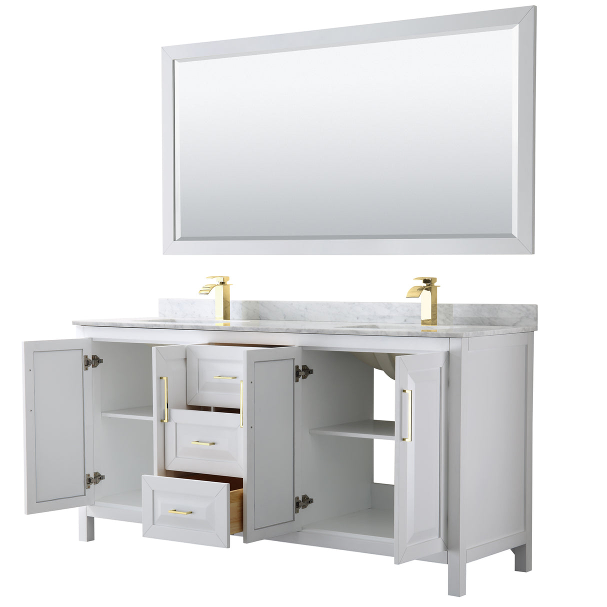 Daria 72 Inch Double Bathroom Vanity in White White Carrara Marble Countertop Undermount Square Sinks 70 Inch Mirror Brushed Gold Trim