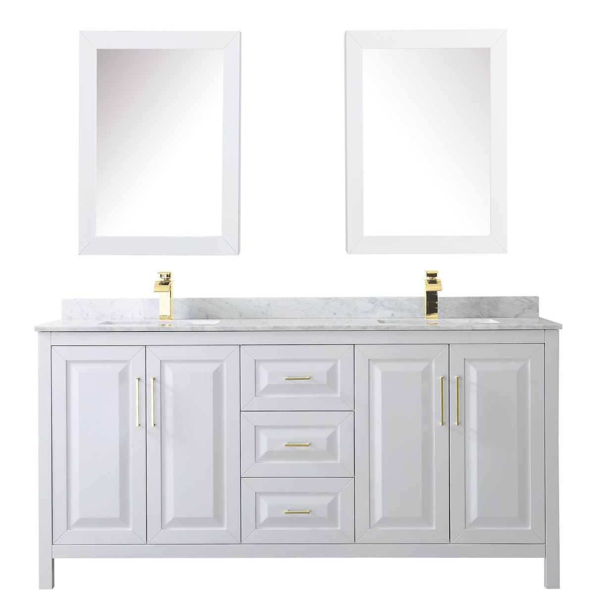 Daria 72 Inch Double Bathroom Vanity in White White Carrara Marble Countertop Undermount Square Sinks Medicine Cabinets Brushed Gold Trim