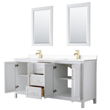 Daria 72 Inch Double Bathroom Vanity in White White Cultured Marble Countertop Undermount Square Sinks 24 Inch Mirrors Brushed Gold Trim