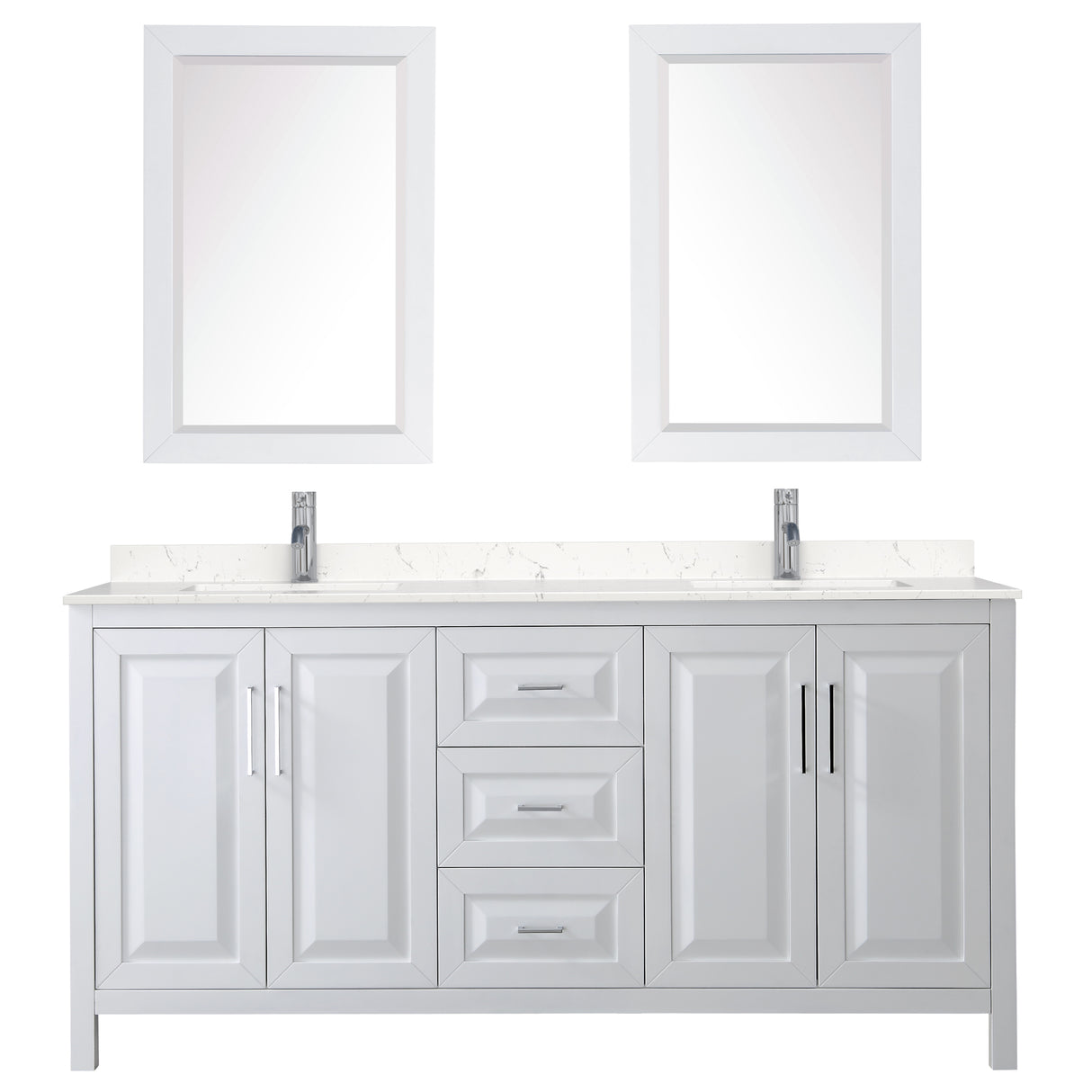 Daria 72 Inch Double Bathroom Vanity in White Carrara Cultured Marble Countertop Undermount Square Sinks 24 Inch Mirrors