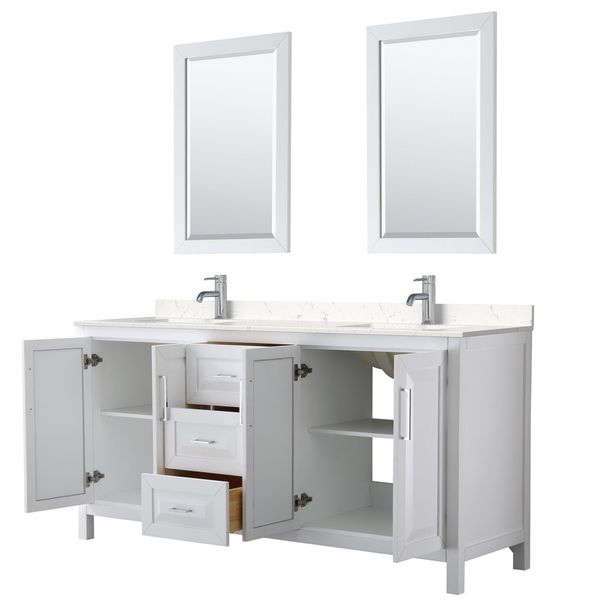 Daria 72 Inch Double Bathroom Vanity in White Carrara Cultured Marble Countertop Undermount Square Sinks 24 Inch Mirrors