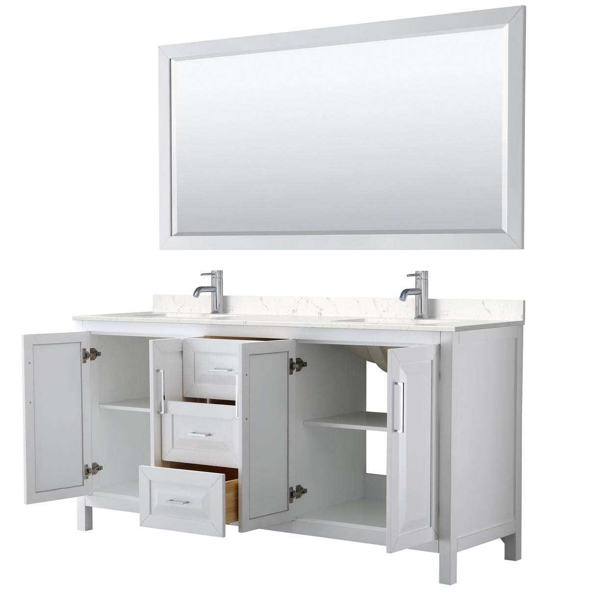 Daria 72 Inch Double Bathroom Vanity in White Carrara Cultured Marble Countertop Undermount Square Sinks 70 Inch Mirror