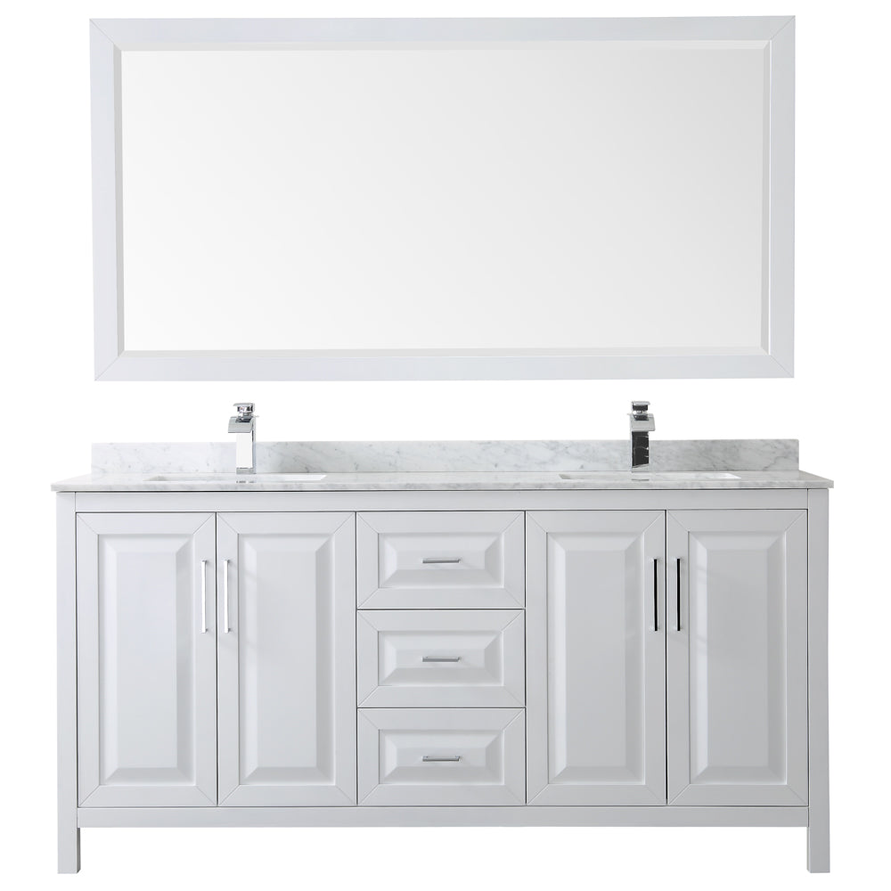 Daria 72 Inch Double Bathroom Vanity in White White Carrara Marble Countertop Undermount Square Sinks and 70 Inch Mirror