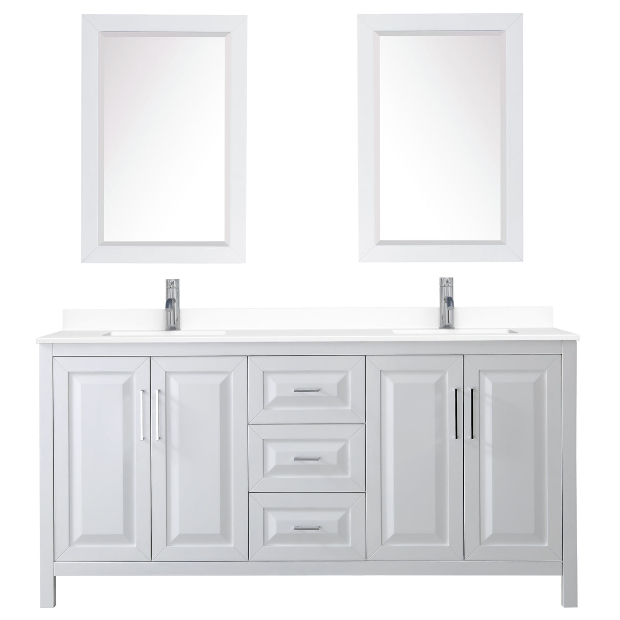 Daria 72 Inch Double Bathroom Vanity in White White Cultured Marble Countertop Undermount Square Sinks 24 Inch Mirrors