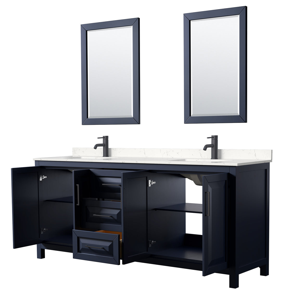 Daria 80 Inch Double Bathroom Vanity in Dark Blue Carrara Cultured Marble Countertop Undermount Square Sinks Matte Black Trim 24 Inch Mirrors
