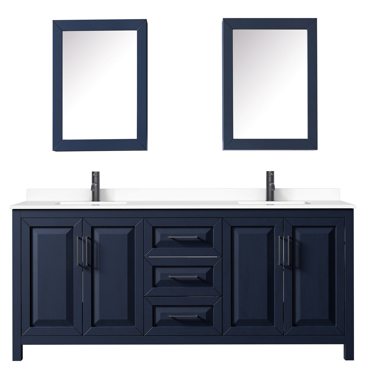 Daria 80 Inch Double Bathroom Vanity in Dark Blue White Cultured Marble Countertop Undermount Square Sinks Matte Black Trim Medicine Cabinets