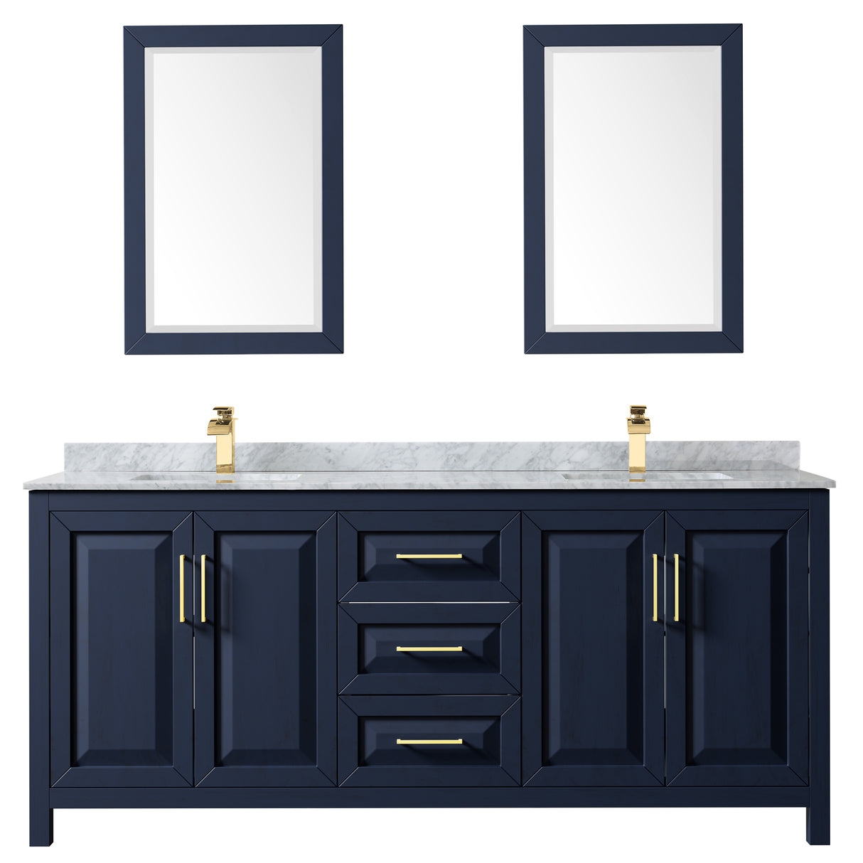 Daria 80 Inch Double Bathroom Vanity in Dark Blue White Carrara Marble Countertop Undermount Square Sinks 24 Inch Mirrors