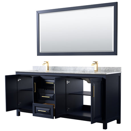 Daria 80 Inch Double Bathroom Vanity in Dark Blue White Carrara Marble Countertop Undermount Square Sinks 70 Inch Mirror