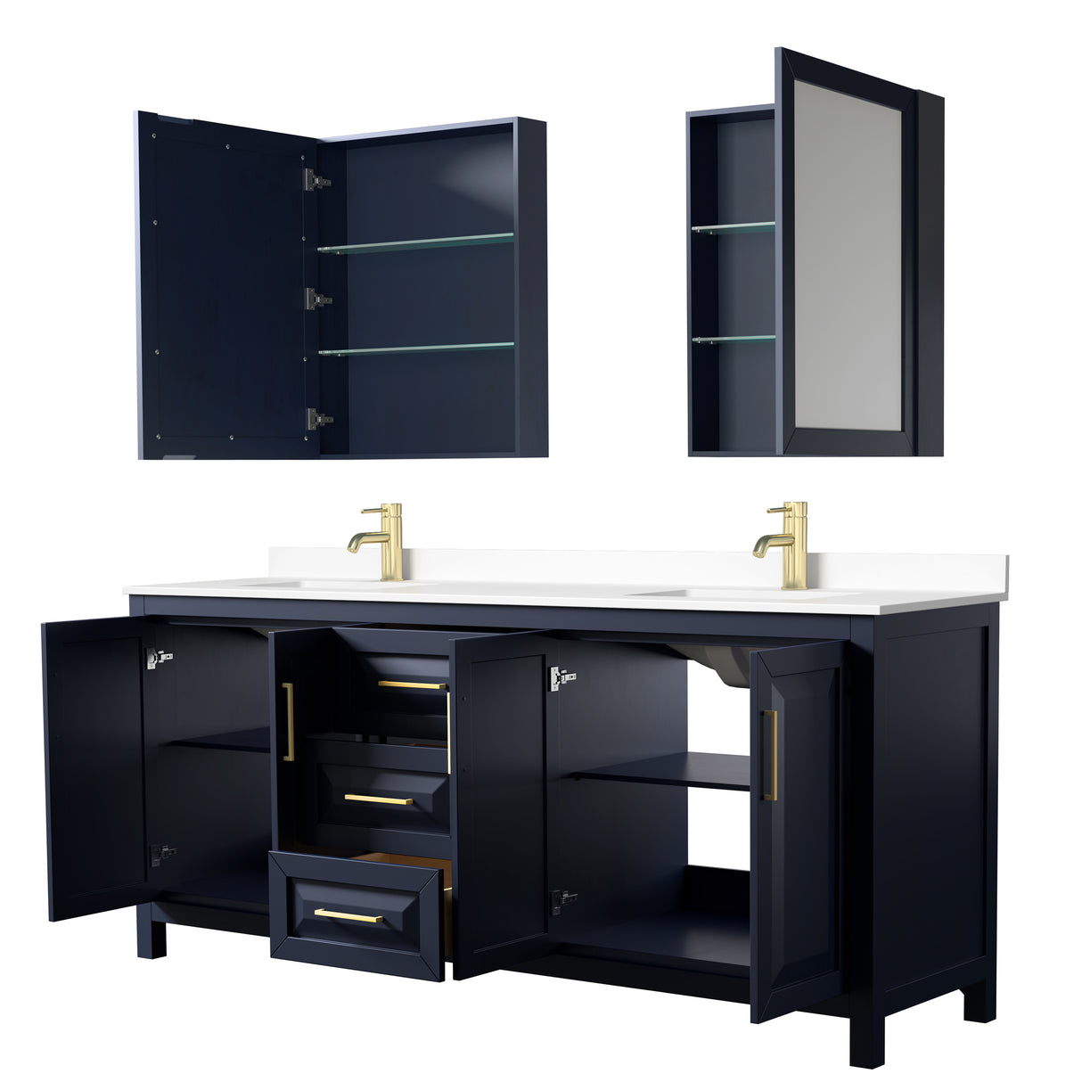 Daria 80 Inch Double Bathroom Vanity in Dark Blue White Cultured Marble Countertop Undermount Square Sinks Medicine Cabinets