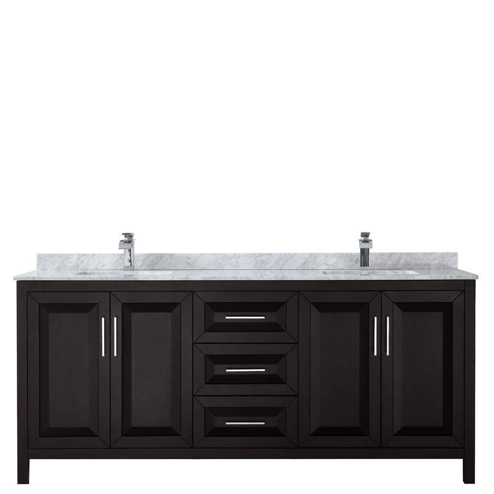 Daria 80 Inch Double Bathroom Vanity in Dark Espresso White Carrara Marble Countertop Undermount Square Sinks and No Mirror