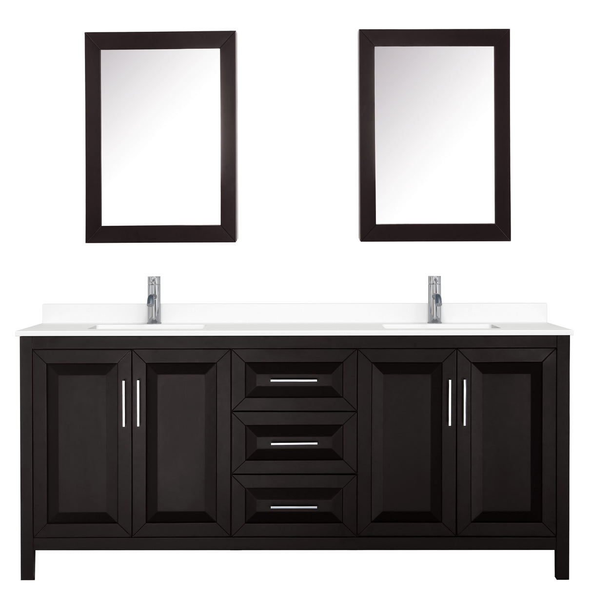 Daria 80 Inch Double Bathroom Vanity in Dark Espresso White Cultured Marble Countertop Undermount Square Sinks Medicine Cabinets