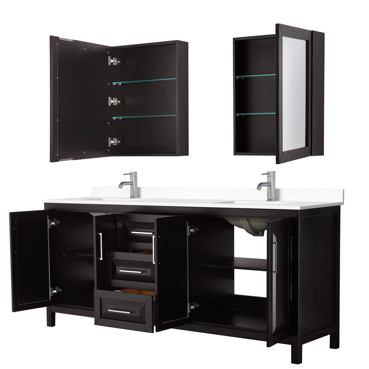 Daria 80 Inch Double Bathroom Vanity in Dark Espresso White Cultured Marble Countertop Undermount Square Sinks Medicine Cabinets