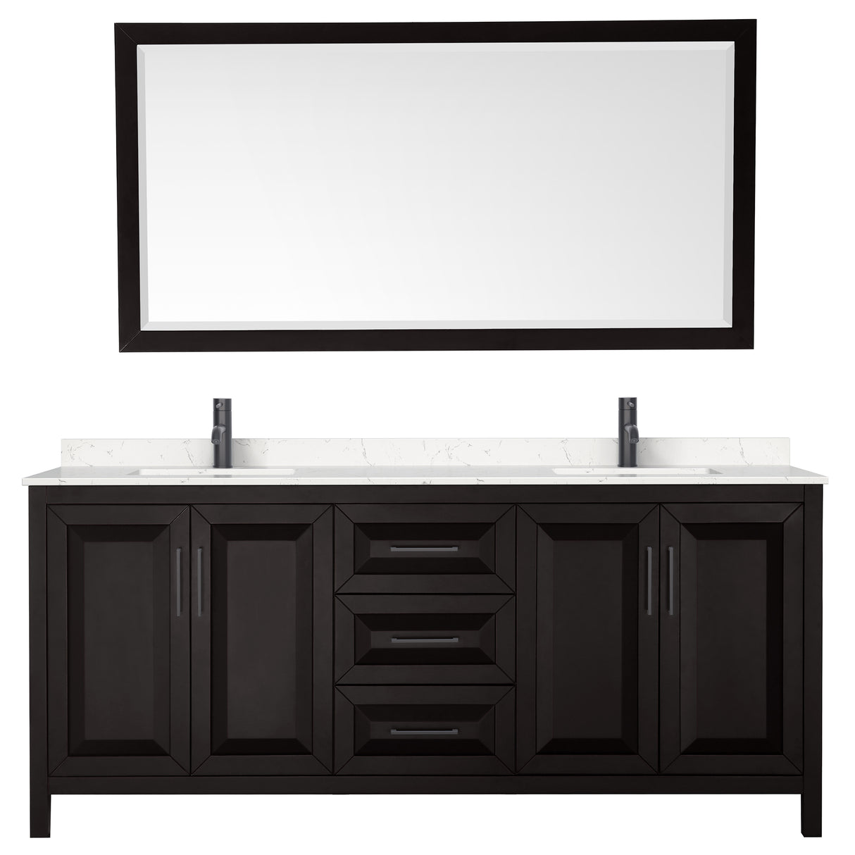 Daria 80 Inch Double Bathroom Vanity in Dark Espresso Carrara Cultured Marble Countertop Undermount Square Sinks Matte Black Trim 70 Inch Mirror