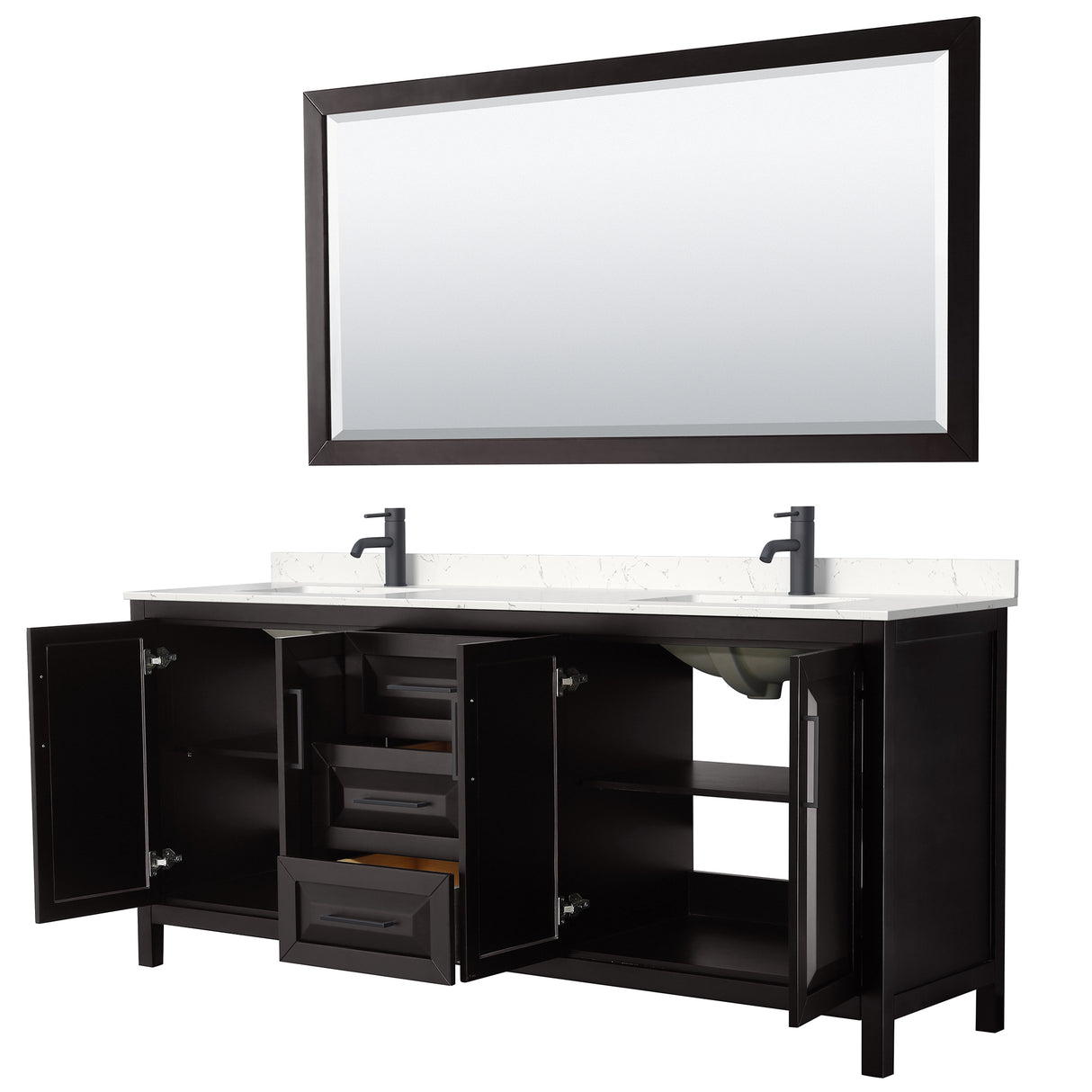 Daria 80 Inch Double Bathroom Vanity in Dark Espresso Carrara Cultured Marble Countertop Undermount Square Sinks Matte Black Trim 70 Inch Mirror