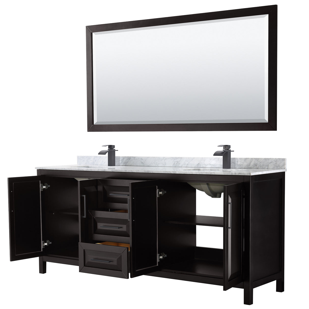 Daria 80 Inch Double Bathroom Vanity in Dark Espresso White Carrara Marble Countertop Undermount Square Sinks Matte Black Trim 70 Inch Mirror