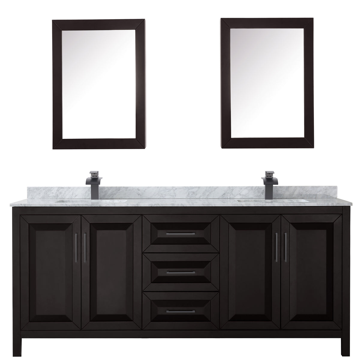 Daria 80 Inch Double Bathroom Vanity in Dark Espresso White Carrara Marble Countertop Undermount Square Sinks Matte Black Trim Medicine Cabinets
