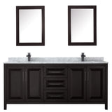 Daria 80 Inch Double Bathroom Vanity in Dark Espresso White Carrara Marble Countertop Undermount Square Sinks Matte Black Trim Medicine Cabinets
